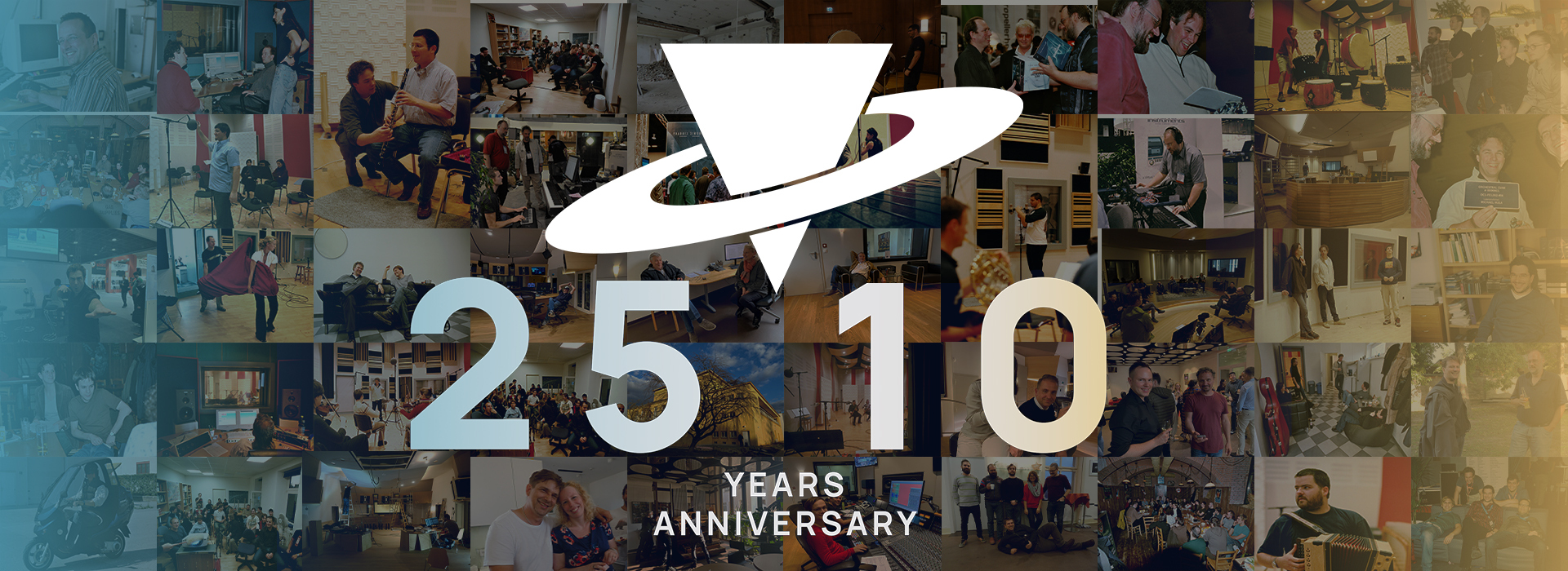 Collage of various photos showcasing the 25th and 10th anniversaries of Vienna Symphonic Library, featuring musicians, recording studios, and events.
