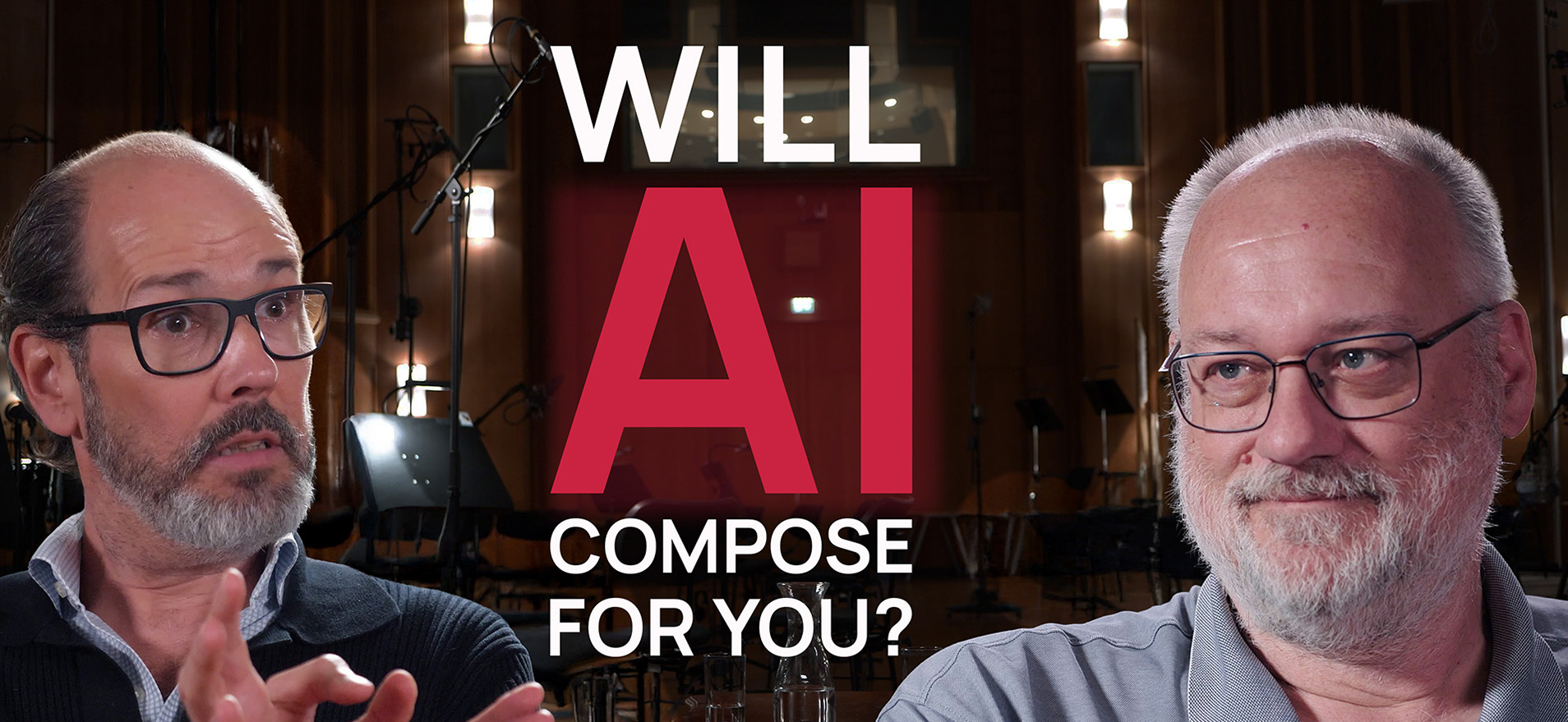 Two men, one left with dark hair and glasses looking surprised, another right with gray hair and glasses smiling, pose with the text Will AI Compose For You? across the image.