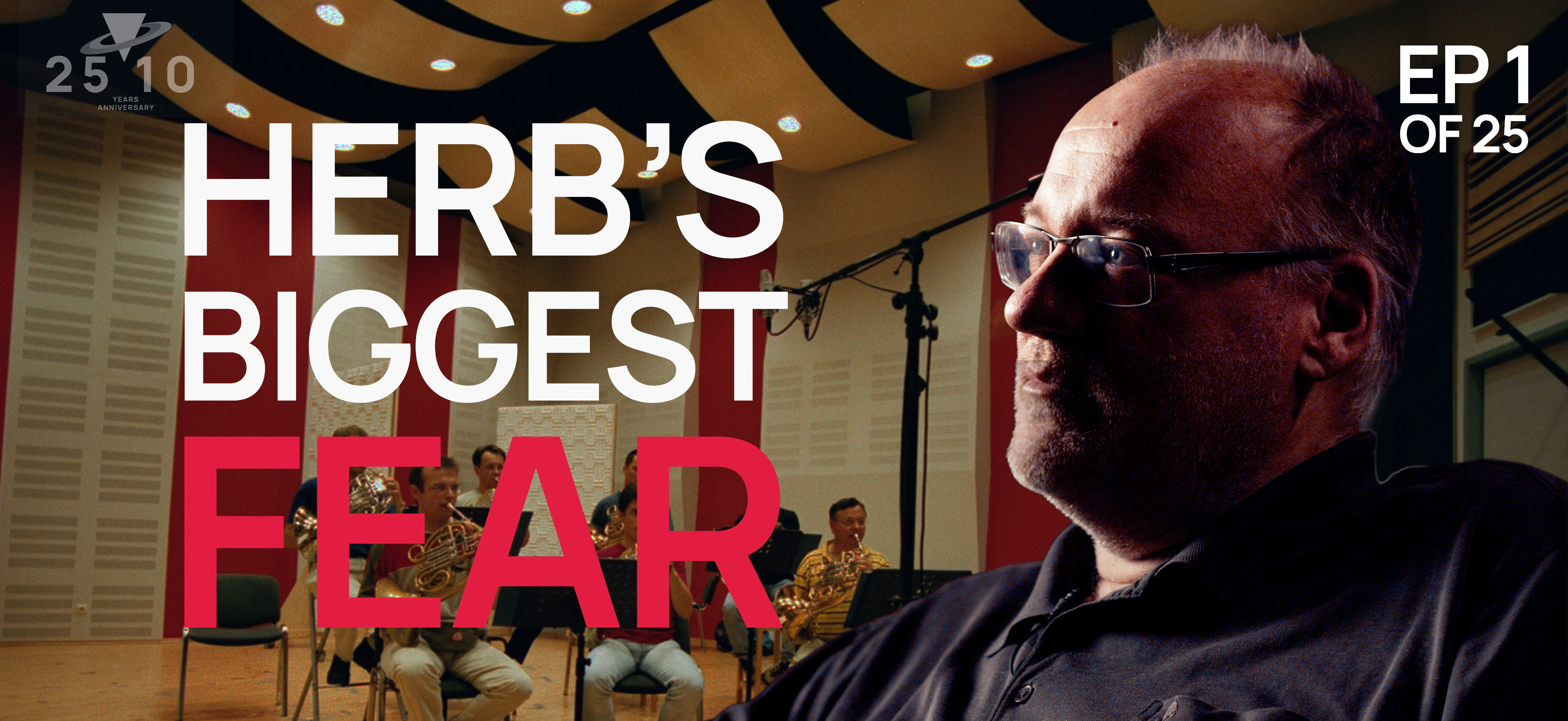 Herb's Biggest Fear album cover featuring a man in glasses superimposed over musicians in a studio.