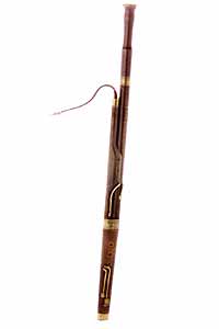 Orchestral bassoon aerophone, a double reed woodwind musical instrument.