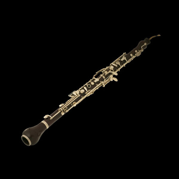 Dark wood English horn wind instrument with silver keys against a black background