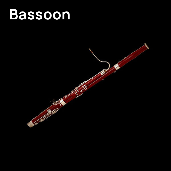 Dark red bassoon musical instrument with silver keys and a bocal against a black background
