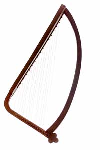 Brown wooden harp, a stringed musical instrument, on a white background.