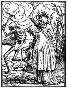 Woodcut depicting three skeletons, one playing a xylophone-like instrument, another standing over an old woman, and the woman leaning on a cane, representing a Dance of Death theme.