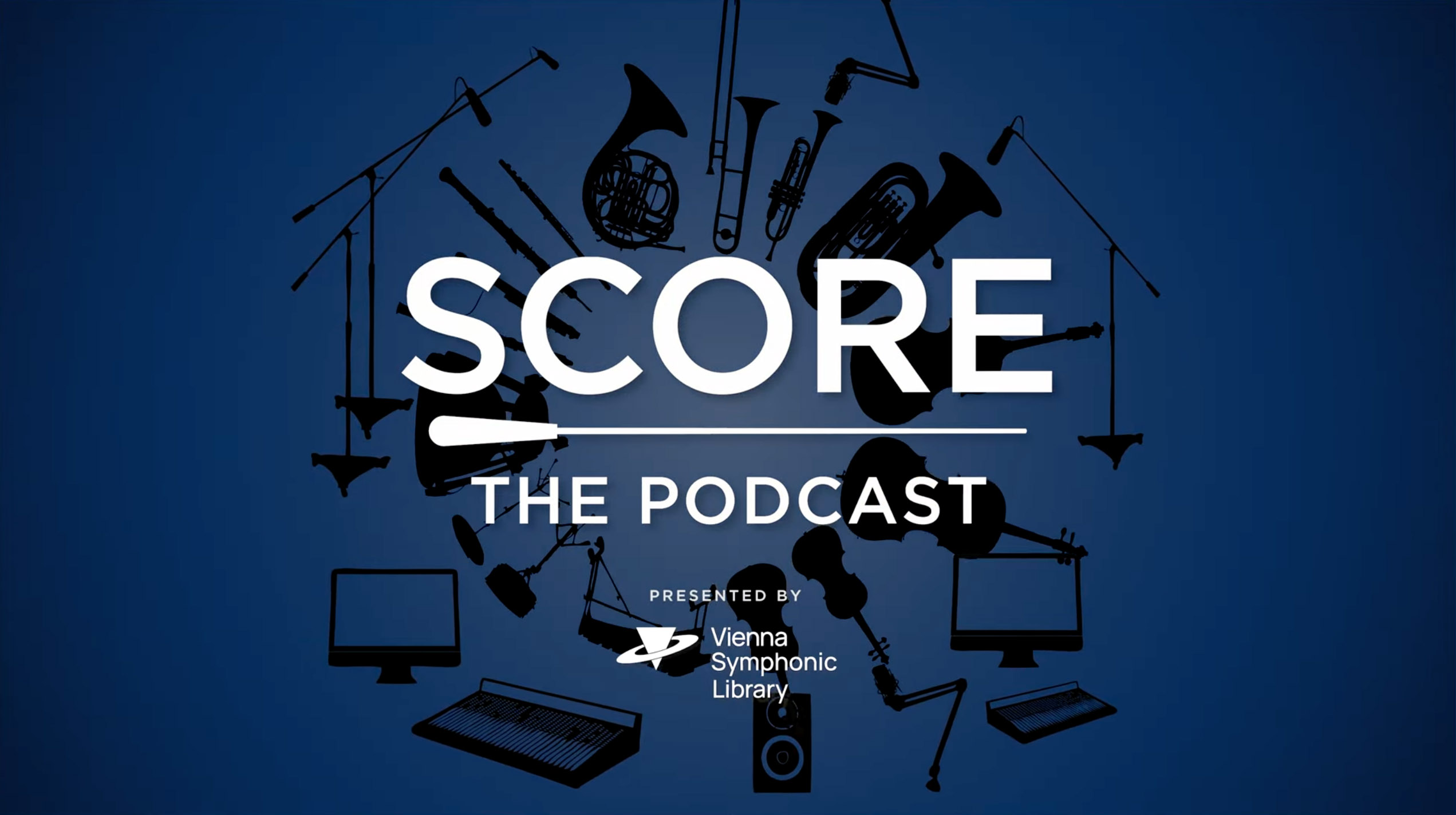 Score The Podcast logo featuring a white title on a blue background surrounded by black silhouettes of musical instruments, microphones, and studio equipment.