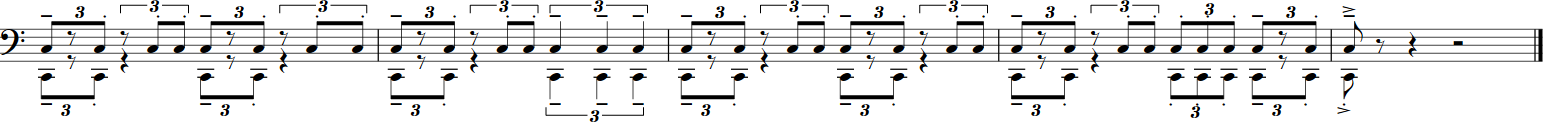Musical notation for Big Bang Orchestra Capricorn, demonstrating rhythmic figures and articulation suitable for orchestral percussion or bass.