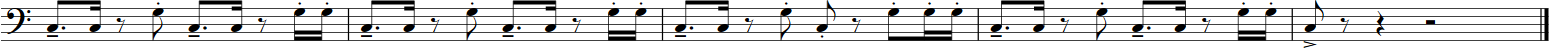 Musical notation displaying a bass clef and rhythmic patterns of quarter notes, eighth notes, and rests, commonly used in Big Bang Orchestra compositions.