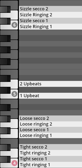 Vienna Symphonic Library Big Bang Orchestra Dorado instrument categories including Sizzle, Upbeats, Loose, and Tight articulations, mapped to a piano roll or keyboard interface.