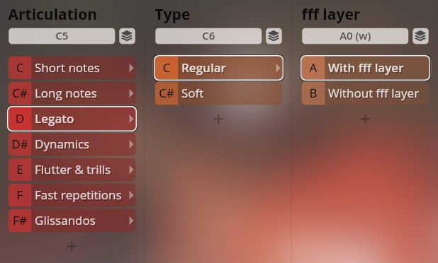 Software interface displaying articulation, type, and fff layer settings for Big Bang Orchestra: Hercules, with Legato and Regular selected.