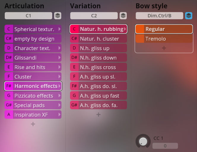 Vienna Symphonic Library Synchron Instruments interface showing Articulation, Variation, and Bow style settings.