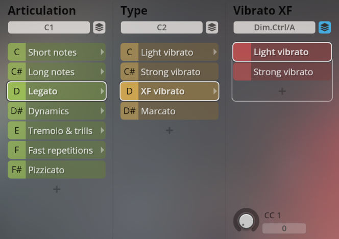 Vienna Symphonic Library Synchron Instruments interface showing articulation, type, and vibrato controls, with Legato and XF vibrato selected.