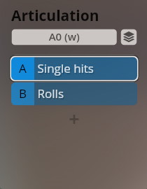Screenshot of Vienna Symphonic Library Epic Orchestra 2.0 interface showing articulation options for musical instruments, including A0(w), Single hits, and Rolls.