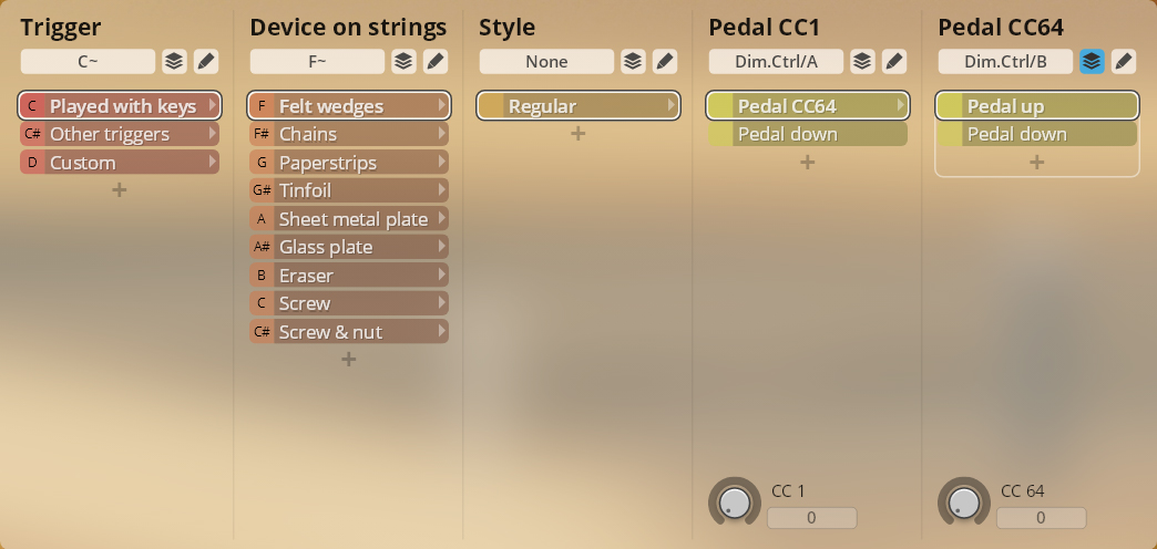 Vienna Symphonic Library Synchron Instruments Studio FX Piano interface showing trigger device style and pedal controls for sound customization like felt wedges chains or paperstrips