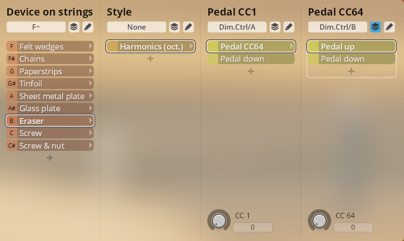 Studio FX Piano software interface demonstrating device on strings, style, and pedal controls for sound manipulation.