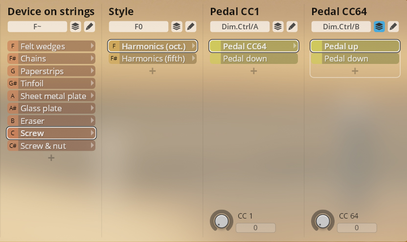 Vienna Symphonic Library Synchron Instruments Studio FX Piano interface showing options for device on strings, style, and pedal controls like felt wedges, harmonics, and CC64.