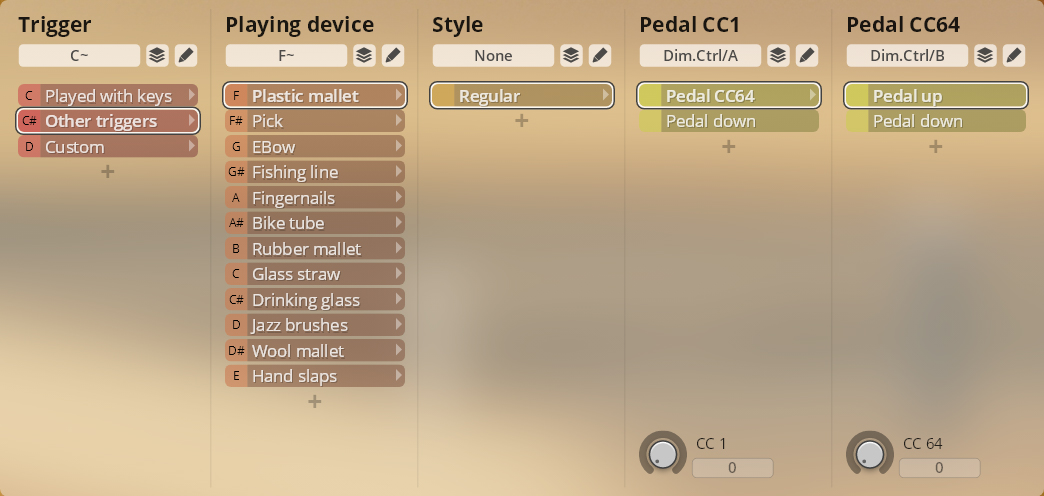Vienna Symphonic Library Synchron Instruments Studio FX Piano interface displaying Trigger, Playing Device, Style, Pedal CC1, and Pedal CC64 settings.
