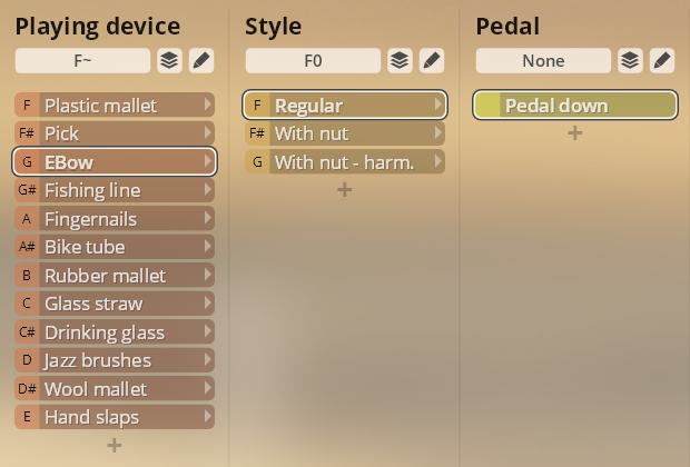 Studio FX Piano interface showing playing device, style, and pedal options for sound customization in Vienna Symphonic Library's Synchron Instruments.