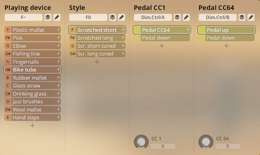 Software interface for Studio FX Piano showing sound customization options. Categories include Playing device with options like Bike tube, Style with options like Scratched short, and Pedal CC control.