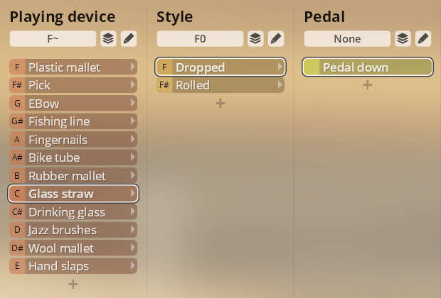Studio FX Piano user interface showing selectable options for playing device, style, and pedal configuration, with Glass straw, Dropped, and Pedal down highlighted, from Vienna Symphonic Library Synchron Instruments.