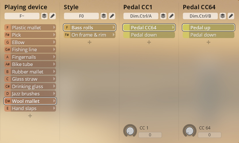 Studio FX Piano user interface showing playing devices, styles, and pedal controls like wool mallet, bass rolls, and pedal up/down options for virtual instrument sound design.