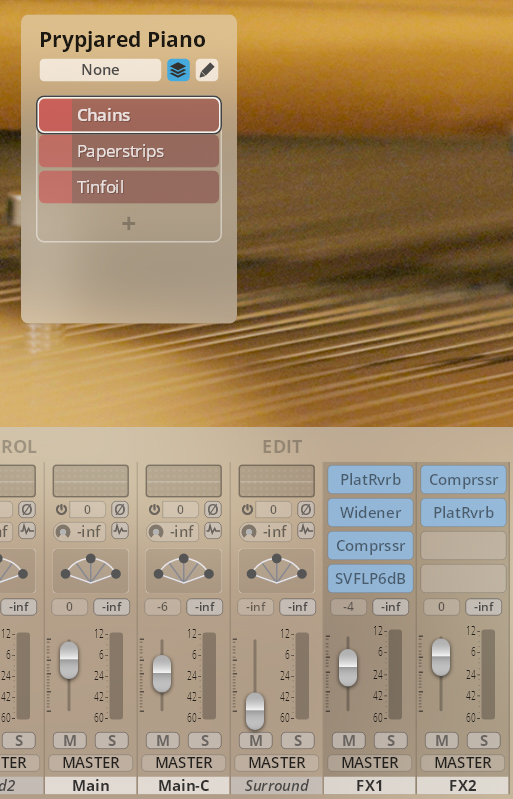 Digital audio workstation interface for Vienna Symphonic Library Studio FX Piano featuring control panel with sound effects options like Chains, Paperstrips, and Tinfoil, alongside editing sliders and audio effect plugins.
