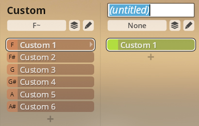 Studio FX Piano custom preset interface showing F Custom 1 selected on the left panel and Custom 1 active on the right, indicating user-defined settings for a prepared piano.