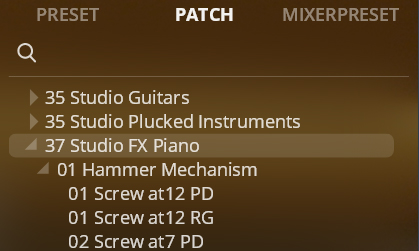 Software interface displaying Studio FX Piano sound patch options with Hammer Mechanism folder open