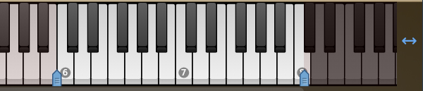 Digital piano keyboard interface with white and black keys, showing numbered markers for piano sample ranges.