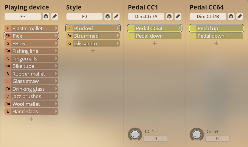 Studio FX Piano software interface showing options for playing devices like Pick and Plastic mallet, styles including Plucked and Strummed, and pedal controls Pedal CC64 for Pedal up and Pedal down.