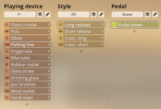 User interface for Studio FX Piano showing selectable options for Playing device including Fishing line, Style including Long release, and Pedal with Pedal down selected.