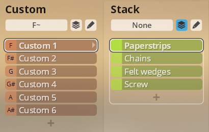 Studio FX Piano virtual instrument interface showing Custom and Stack effect options including paperstrips, chains, felt wedges, and screw sound modifiers.