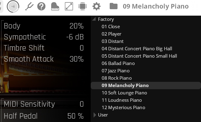 Screenshot of the Studio Bösendorfer Imperial software interface showing sound settings for Body, Sympathetic, Timbre Shift, Smooth Attack, MIDI Sensitivity, Half Pedal, and a list of factory piano presets, with Melancholy Piano highlighted.