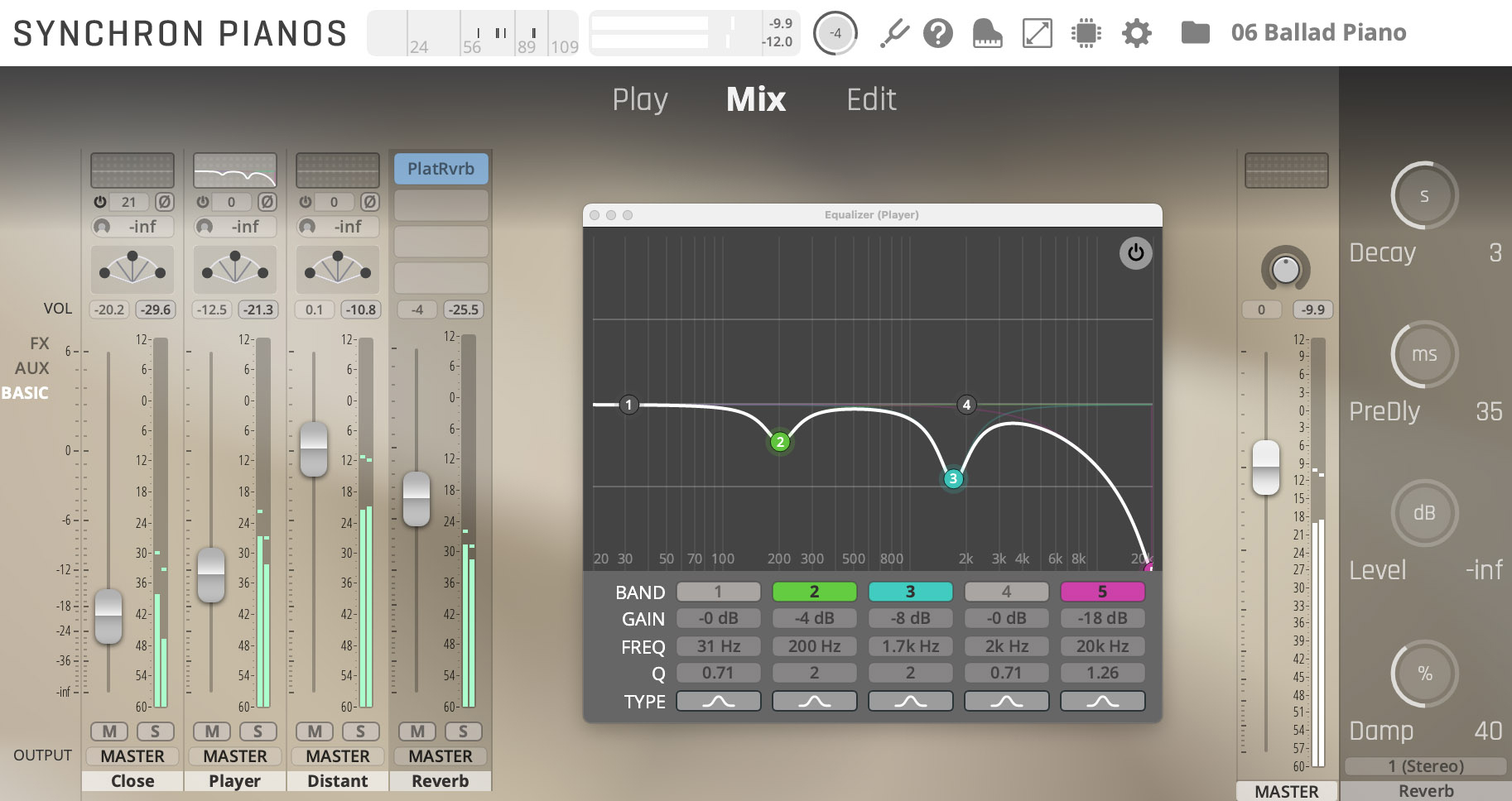 Synchron Pianos software interface displaying mix controls, faders for volume and effects, an equalizer graph for audio adjustments, and parameters for reverb, decay, and pre-delay, optimized for the Bösendorfer Imperial piano sound.