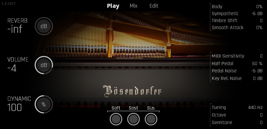Bösendorfer Imperial virtual instrument interface with piano strings visible, showing reverb, volume, dynamic, body, sympathetic, timbre shift, smooth attack, MIDI sensitivity, half pedal, pedal noise, key release noise, tuning, octave, and semitone controls.