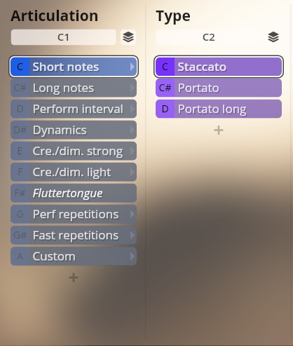 Vienna Instruments plugin interface showing brass articulations like Short notes, Long notes, Staccato, Portato, and Fluttertongue for Studio Dimension Brass software.
