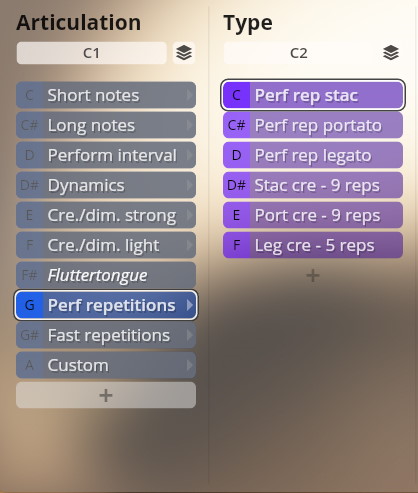 Studio Dimension Brass user interface showing Articulation and Type settings for musical performance repetitions and dynamics.