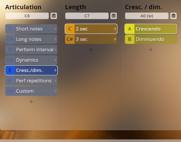 User interface displaying musical articulation settings: Crescendo/Diminuendo selected for Studio Dimension Brass virtual instrument.