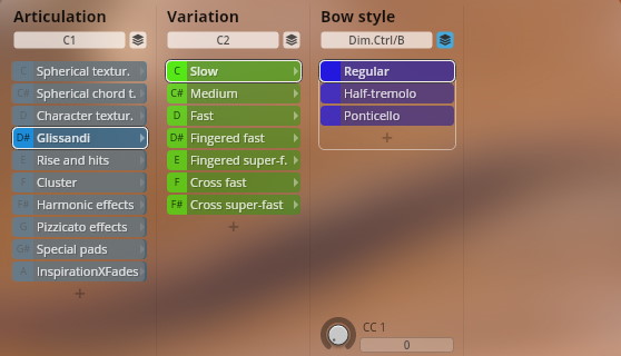 Vienna Symphonic Library Synchron Strings interface showing articulation, variation, and bow style selections for Glissandi.