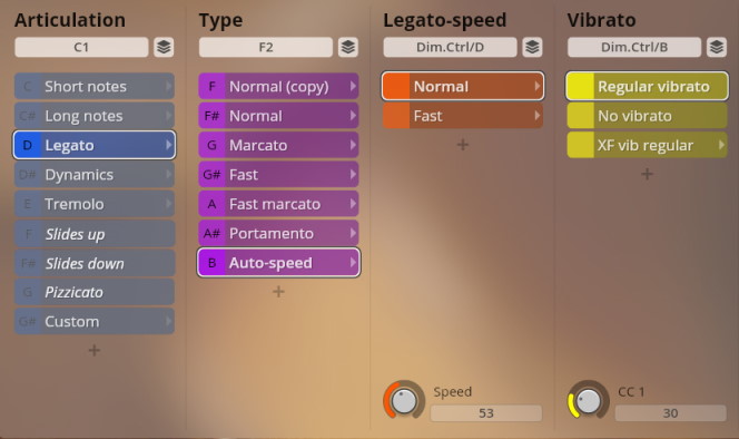 Studio Appassionata Strings software interface showing settings for articulation, type, legato speed, and vibrato for musical sound customization.