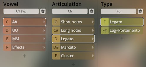 Vienna Symphonic Library Synchron Instruments interface showing Vowel, Articulation (Legato selected), and Type (Legato selected) options for vocal samples.