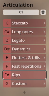 Vienna Symphonic Library Synchron Instruments Articulation menu with options like Staccato, Legato, Dynamics, Rips, and Custom