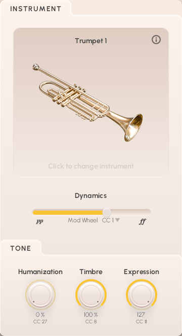 A user interface for Vienna Symphonic Library's Synchron Brass virtual instruments, displaying a gold trumpet with adjustable dynamics, humanization, timbre, and expression controls.