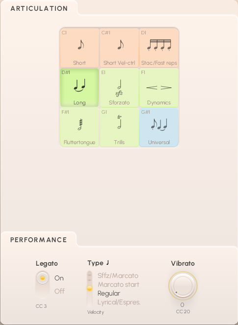 Vienna Symphonic Library Synchron Brass user interface showing articulation and performance settings for musical instruments. The articulation section displays options like Short, Long, Sforzato, Dynamics, Fluttertongue, Trills, and Universal. The performance section includes Legato (On/Off), Type J (Sffz/Marcato, Regular, Lyrical/Espres.), and Vibrato controls.