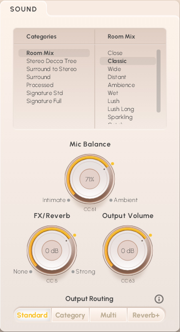 Vienna Symphonic Library Synchron Instruments sound settings interface displaying Room Mix categories, Mic Balance, FX/Reverb, Output Volume, and Output Routing options.