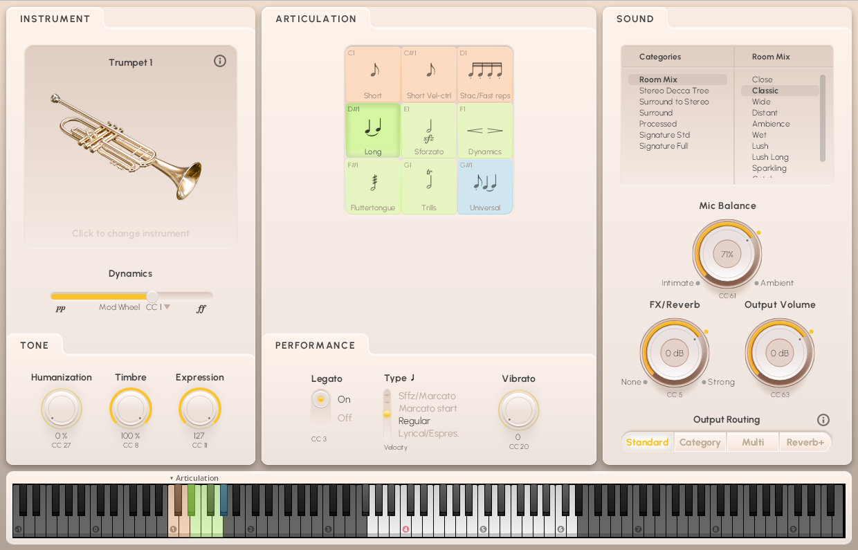 A digital audio workstation (DAW) interface for Synchron Brass, showing controls for Trumpet 1 instrument selection, articulation types like long notes and fluttertongue, sound mixing categories, microphone balance, effects, and output routing, with a piano roll at the bottom for articulation mapping.