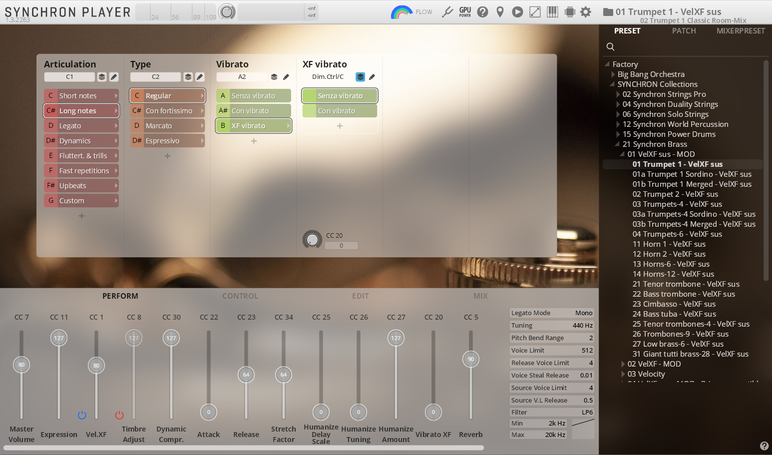 Synchron Player software interface showing sound settings for Synchron Brass, with Articulation, Type, Vibrato, and XF Vibrato controls, and a list of brass instrument presets including trumpets and trombones.