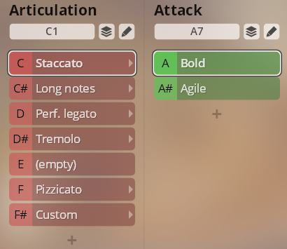 Graphical user interface for Synchron Duality Strings Essentials displaying articulation and attack parameters like staccato, long notes, tremolo, pizzicato, bold, and agile.