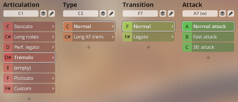 Vienna Symphonic Library Synchron Duality Strings Essentials user interface showing articulation, type, transition, and attack parameters for instrument sound customization, with Tremolo selected under Articulation.