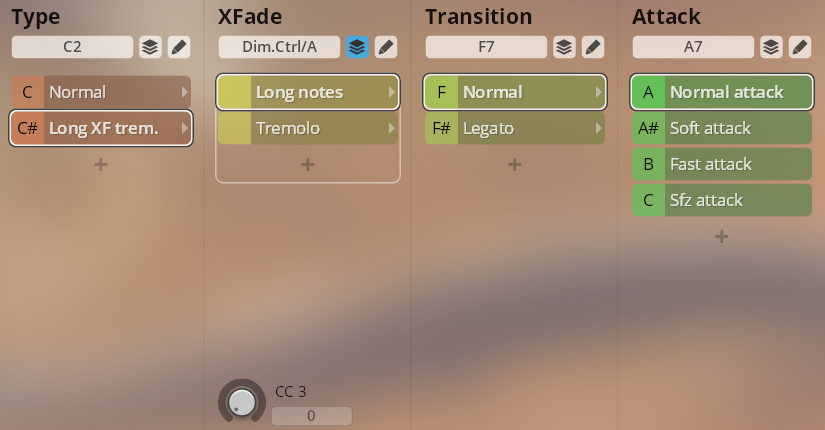 User interface of the Vienna Symphonic Library Synchron Duality Strings Essentials virtual instrument, showing controls for Type, XFade, Transition, and Attack parameters for string samples.