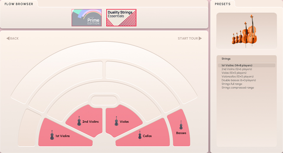 Synchron Duality Strings Essentials software interface, showing an arc-shaped seating arrangement for string instruments including violins, violas, cellos, and basses, with a presets panel displaying orchestra instrument options.